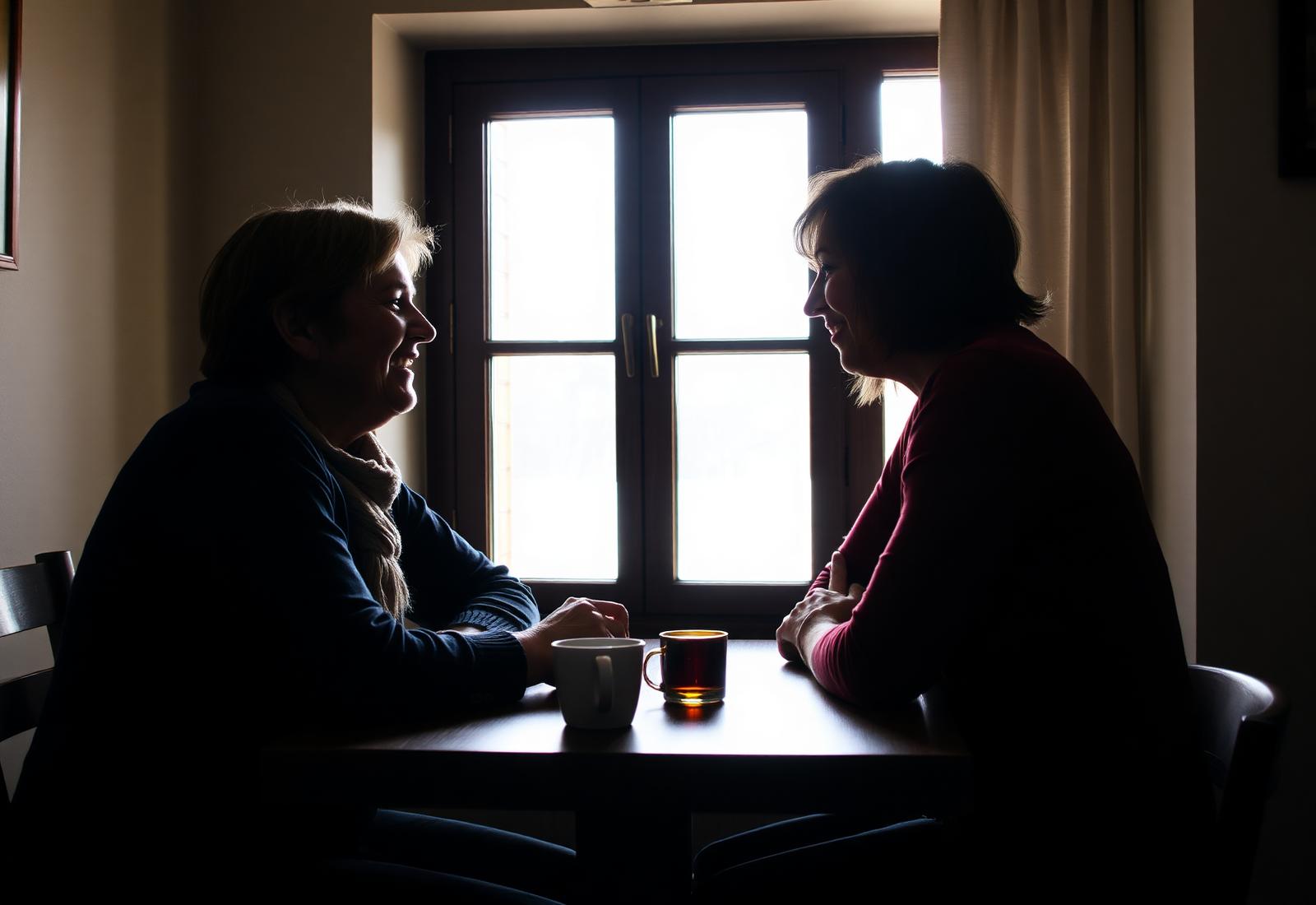 Two people in quiet conversation, navigating a hard question together