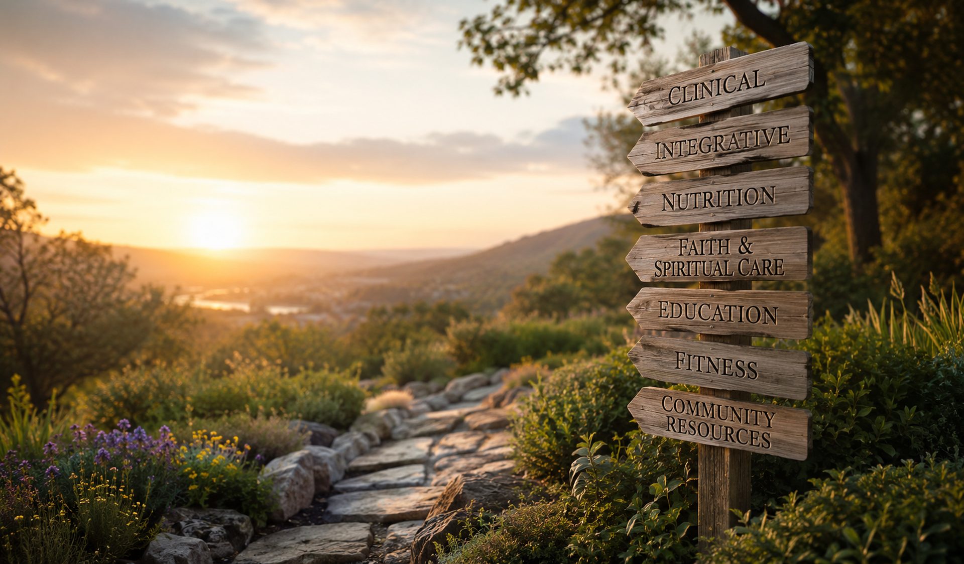 A weathered signpost at sunrise pointing toward clinical, integrative, nutrition, faith, education, fitness, and community paths