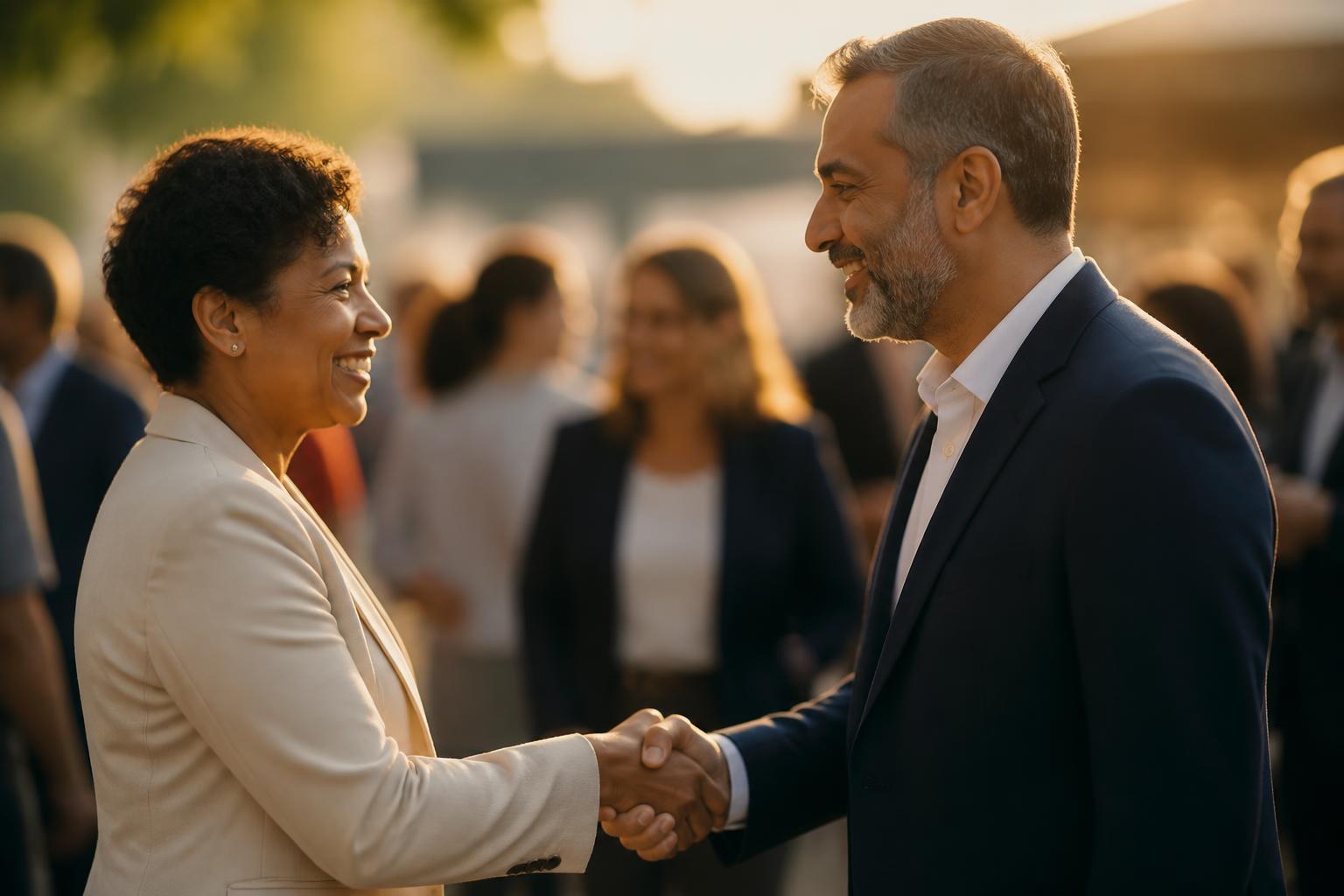 Two professionals warmly greeting one another at a community gathering