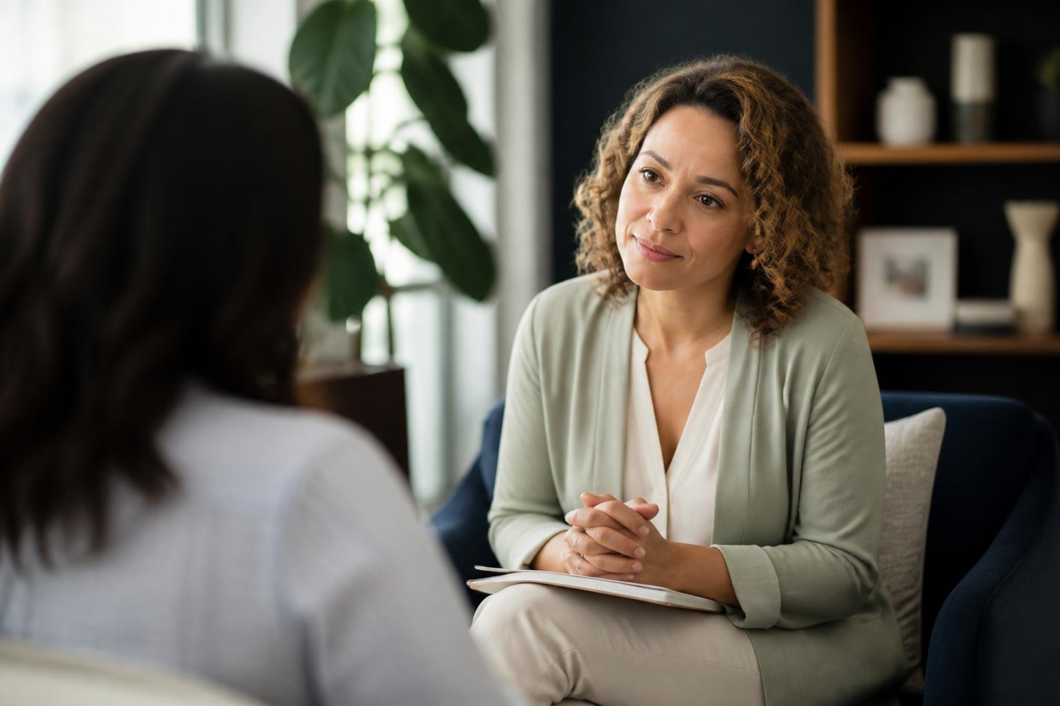 A practitioner listening attentively to a family member in a warm office