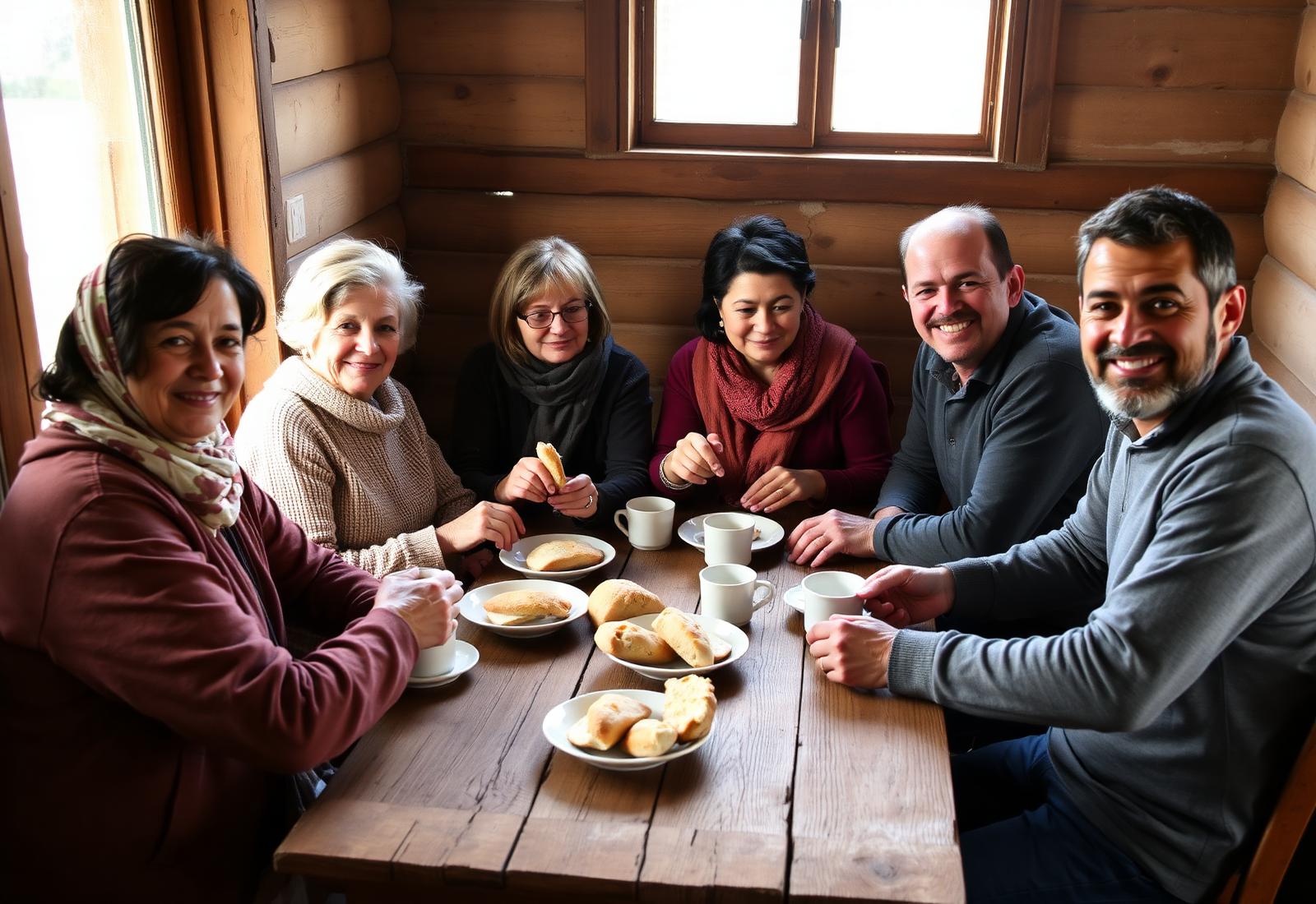 A family gathered together in warm light