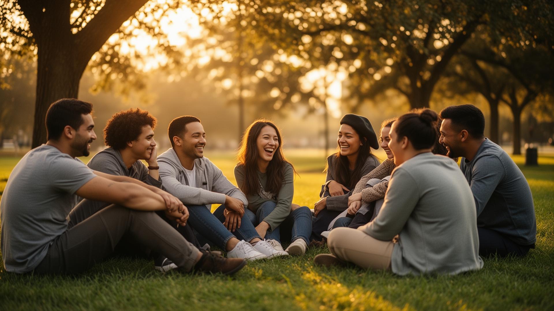 A community gathered together outdoors in warm evening light